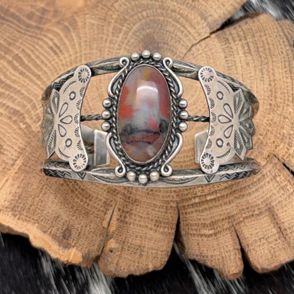1940s NAVAJO Fred Harvey Era Sterling Silver & Petrified Wood Cuff Bracelet